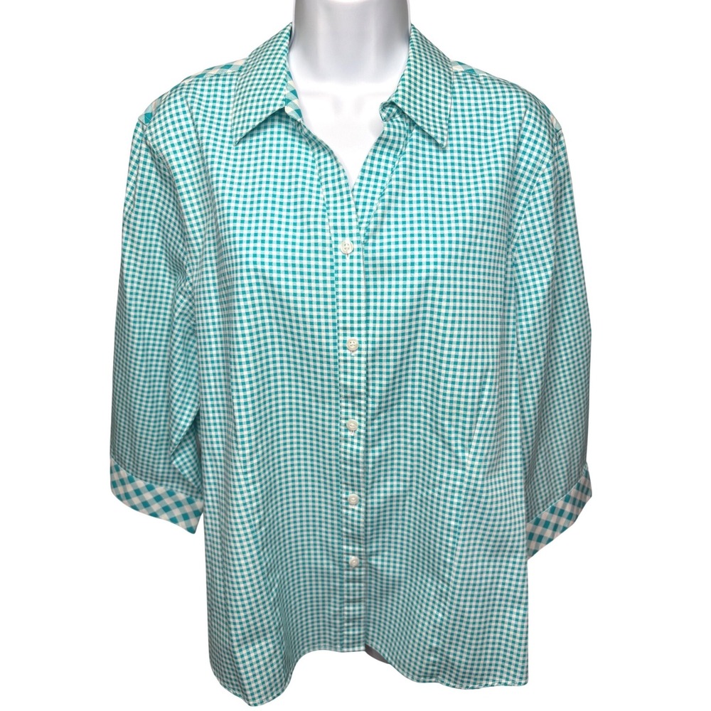 CHICO'S Womens Teal Gingham Button Down Shirt Sz 3/XL Wrinkle Resistant Preppy